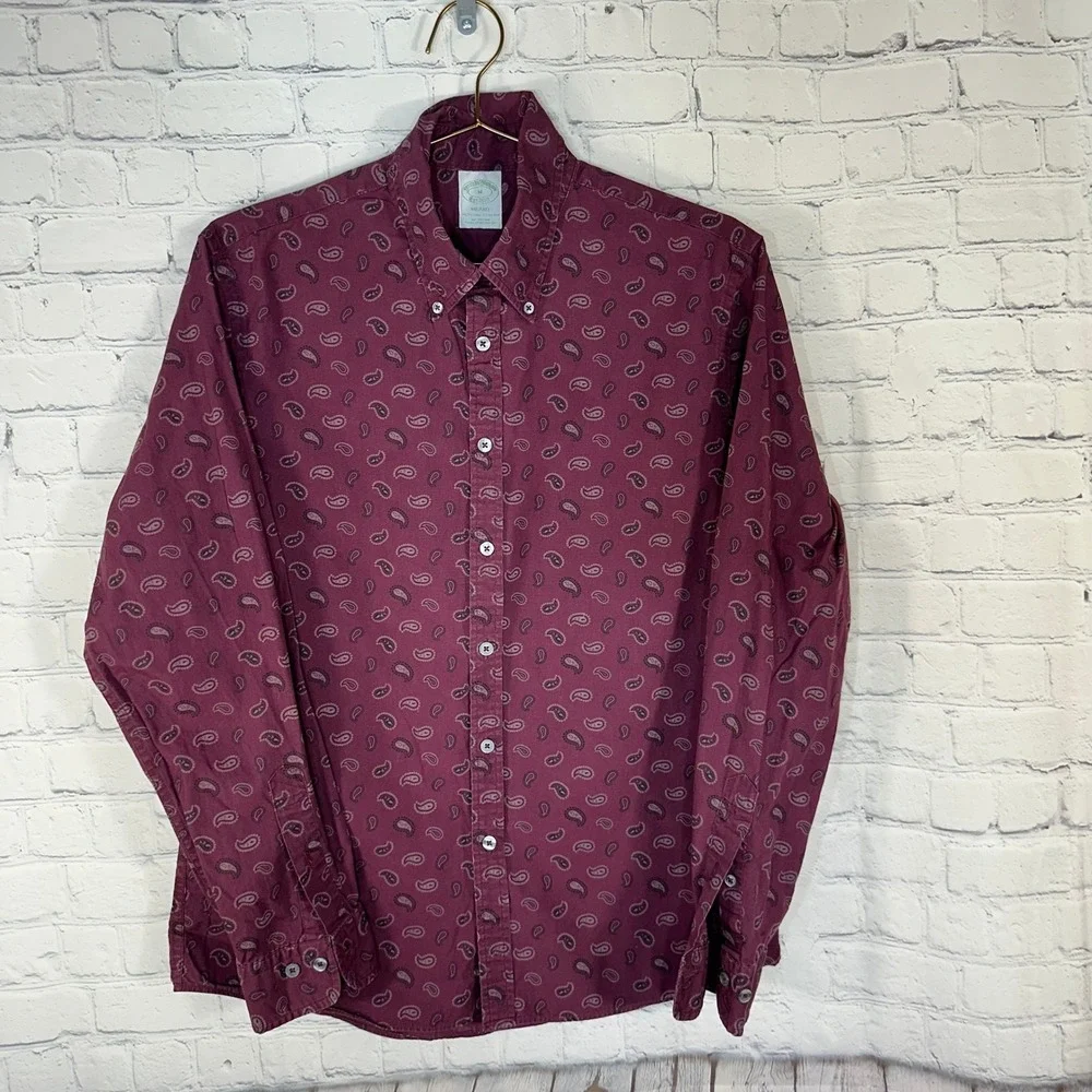 Brooks Brothers Milano Mens Medium Burgundy Paisley Cotton Button Down Shirt M